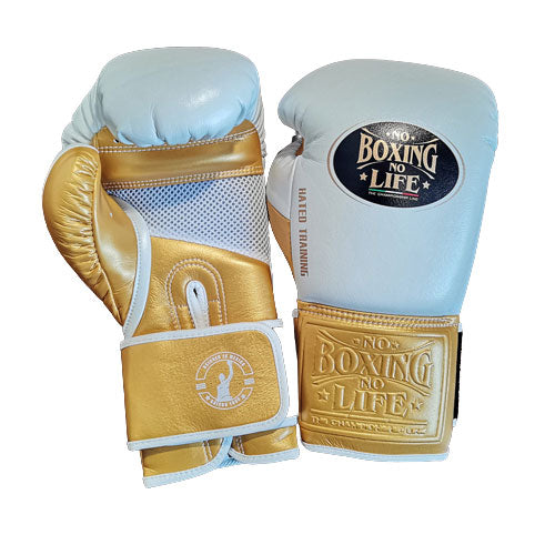 No Boxing No Life BOXING GLOVES Microfiber 8-16 oz White Gold