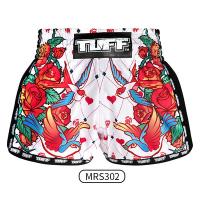 Tuff MS302 Muay Thai Boxing Shorts S-XXL White Retro Style Rose With Birds