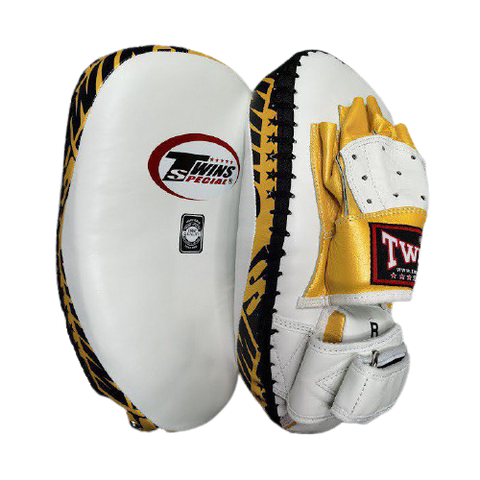 TWINS SPECIAL PML-23 MUAY THAI BOXING MMA PUNCHING LONG FOCUS MITTS PADS Leather White Gold