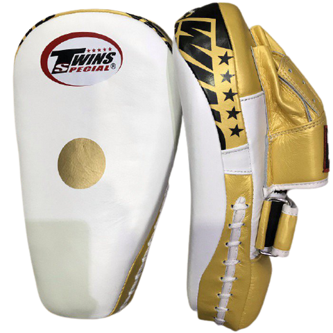 TWINS SPECIAL PML-21 MUAY THAI BOXING MMA PUNCHING LONG FOCUS MITTS PADS Leather White Gold