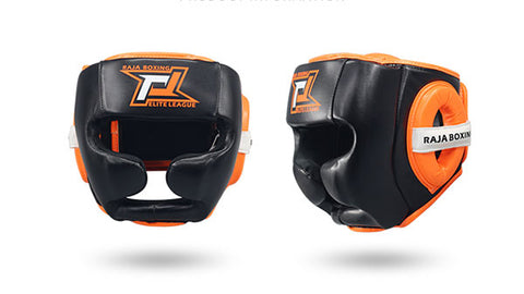 RAJA ELITE LEAGUE MUAY THAI BOXING MMA HEADGEAR HEAD GUARD PROTECTOR Cooltex PU Leather M-XL Black Orange