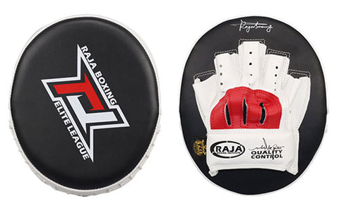 RAJA RTPP-9 MUAY THAI BOXING MMA PUNCHING AIR FOCUS MITTS PADS Extra Thick Cooltex PU Leather 24.5 x 21.5 x 6 cm Black White