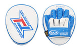 RAJA RTPP-8 CURVED MUAY THAI BOXING MMA PUNCHING SMALL AIR FOCUS MITTS PADS Light Weight Cooltex PU Leather 22 x 17.5 x 4 cm White Blue