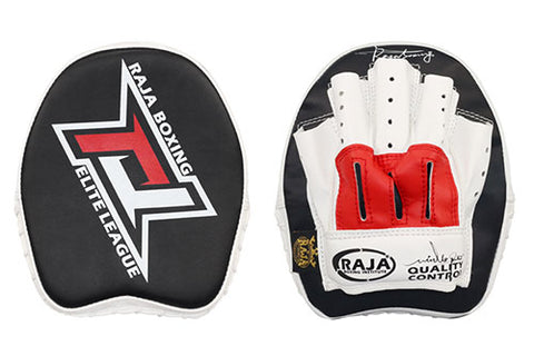 RAJA RTPP-7 CURVED MUAY THAI BOXING MMA PUNCHING SMALL AIR FOCUS MITTS PADS Light Weight Cooltex PU Leather 21 x 17.5 x 3 cm Black White