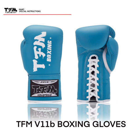TFM V11b Professional Competitions MUAY THAI BOXING LACES UP GLOVES Cowhide Leather 8-14 oz Sky Blue