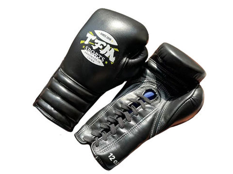TFM L4X HANDMADE PROFESSIONAL COMPETITIONS BOXING GLOVES LACES UP Cowhide Leather 12 oz Black