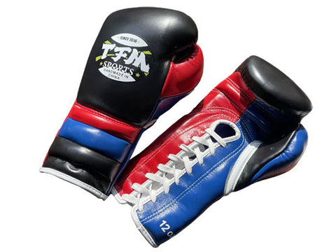 TFM L4X HANDMADE PROFESSIONAL COMPETITIONS BOXING GLOVES LACES UP Cowhide Leather 14 oz Black Red Blue