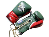 TFM RL7 HANDMADE PROFESSIONAL COMPETITIONS BOXING GLOVES LACES UP Cowhide Leather 12 oz Green Red