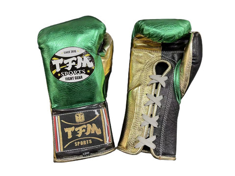 TFM RL5 HANDMADE PROFESSIONAL COMPETITIONS BOXING GLOVES LACES UP 12 oz Green Gold Black