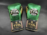 TFM RL5 HANDMADE PROFESSIONAL COMPETITIONS BOXING GLOVES LACES UP 12 oz Green Gold Black