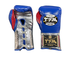 TFM RL5 HANDMADE PROFESSIONAL COMPETITIONS BOXING GLOVES LACES UP 12 oz Blue Silver Red