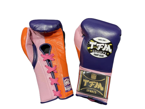 TFM RL5 HANDMADE PROFESSIONAL COMPETITIONS BOXING GLOVES LACES UP 12 oz Purple Pink Orange