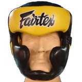 FAIRTEX DIAGONAL VISION HG13 Lace-Up Head MUAY THAI BOXING MMA SPARRING HEADGEAR HEAD GUARD PROTECTOR Leather M-XL Black Yellow