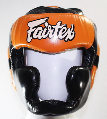 FAIRTEX DIAGONAL VISION HG13 Lace-Up Head MUAY THAI BOXING MMA SPARRING HEADGEAR HEAD GUARD PROTECTOR Leather M-XL Black Orange
