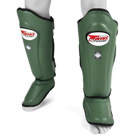 TWINS SPECIAL SGL-10 MUAY THAI BOXING MMA DOUBLE PADDED SHIN GUARD PROTECTOR ADULT Leather XS-XL Olive